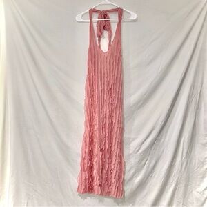 Pink Ruffled Sheer Mesh Panels Halter Midi Naked Dress Sz M